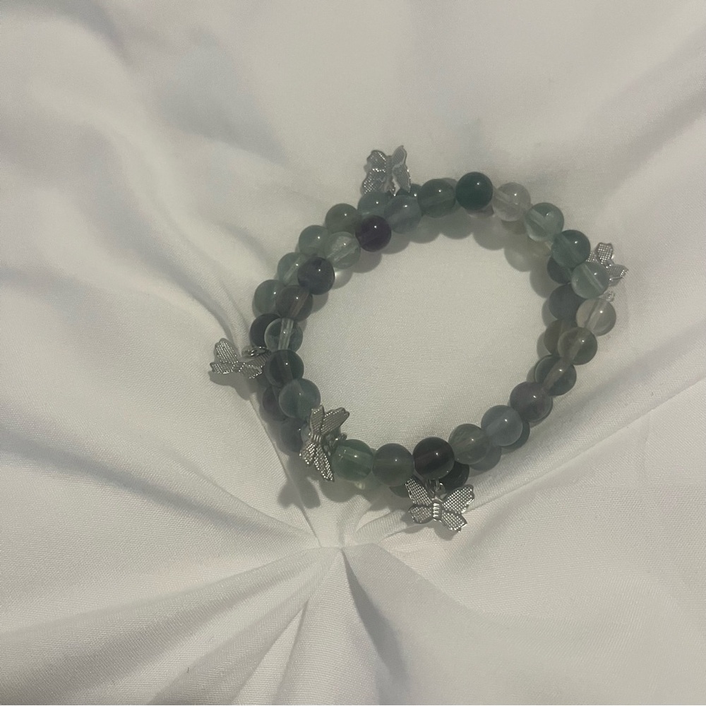 Fluorite Genuine Stone Butterfly Charm Bracelets Handmade Green Purple Silver - Picture 2 of 10